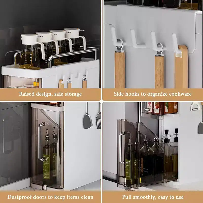 Organizzatore di spezie a 3 ripiani con ante, porta spezie, utensili e posate per armadietti da cucina, 4 ganci, design antipolvere