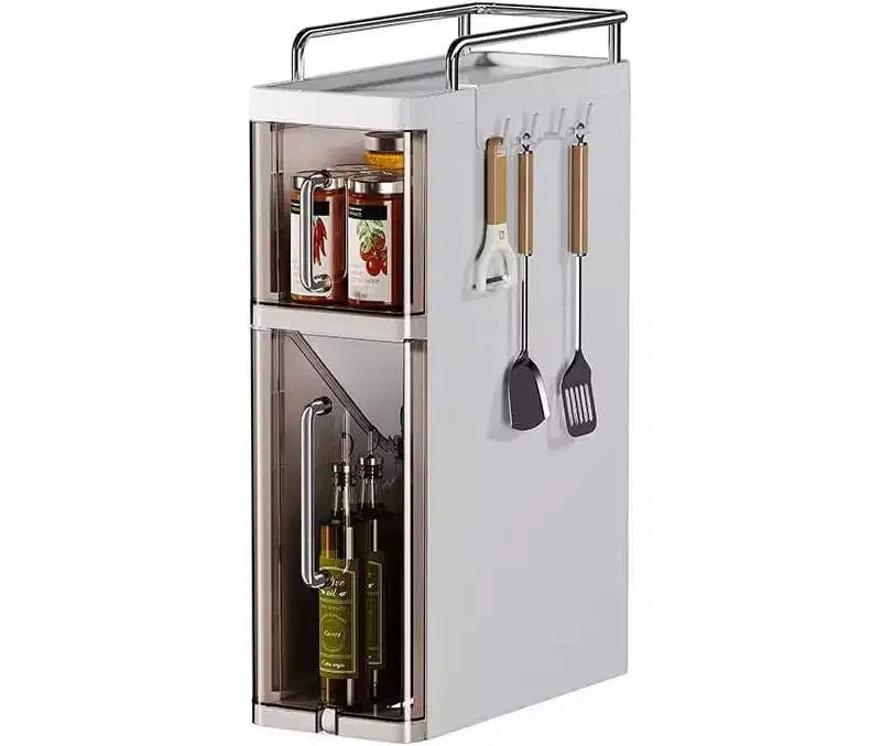 Organizzatore di spezie a 3 ripiani con ante, porta spezie, utensili e posate per armadietti da cucina, 4 ganci, design antipolvere