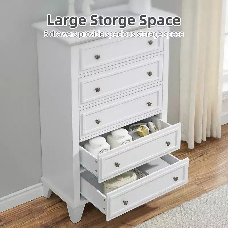 Cassettiera a 5 cassetti per camera da letto, Comò stretto stile rustico alto 122 cm, Cassettiera stretta in legno per armadio, soggiorno, appartamenti