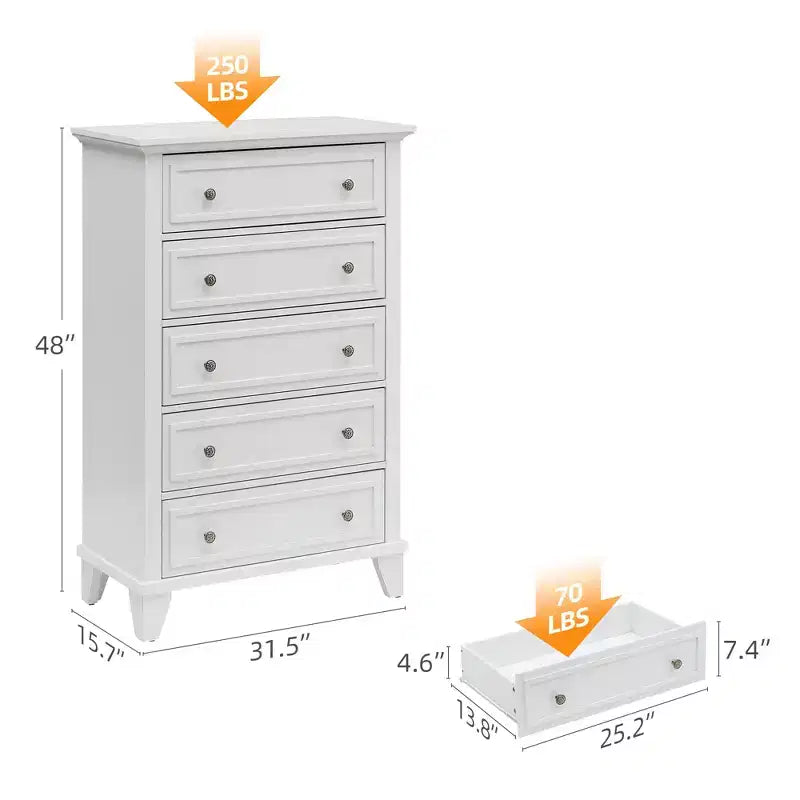 Cassettiera a 5 cassetti per camera da letto, Comò stretto stile rustico alto 122 cm, Cassettiera stretta in legno per armadio, soggiorno, appartamenti