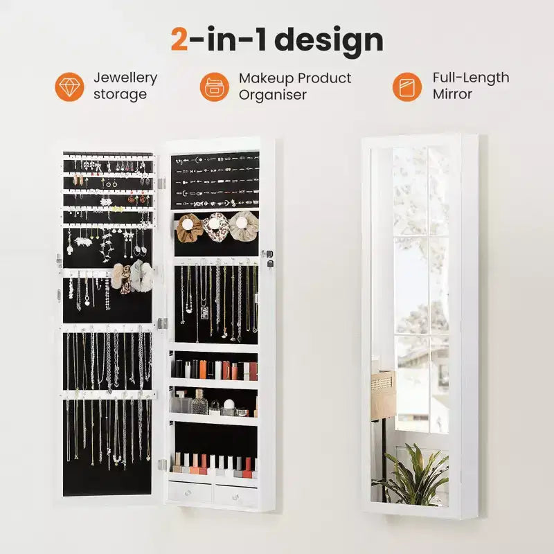 MAYEERTY 47.2in Armadio portagioie da parete grande capacità con 6 LED, appendibile alla porta, organizer con serratura e specchio integrato