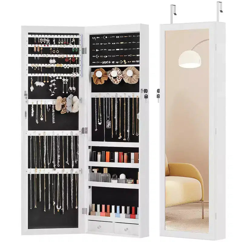MAYEERTY 47.2in Armadio portagioie da parete grande capacità con 6 LED, appendibile alla porta, organizer con serratura e specchio integrato