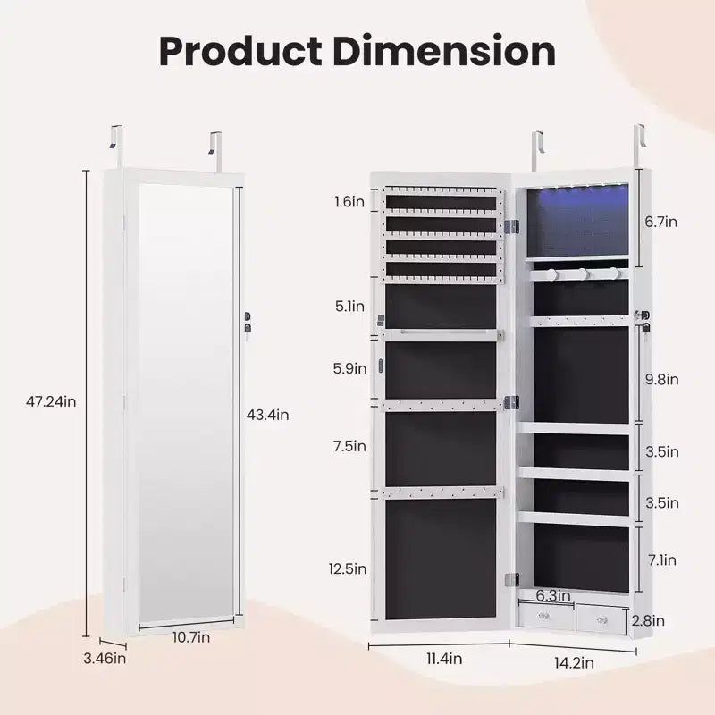 MAYEERTY 47.2in Armadio portagioie da parete grande capacità con 6 LED, appendibile alla porta, organizer con serratura e specchio integrato