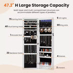 MAYEERTY 47.2in Armadio portagioie da parete grande capacità con 6 LED, appendibile alla porta, organizer con serratura e specchio integrato