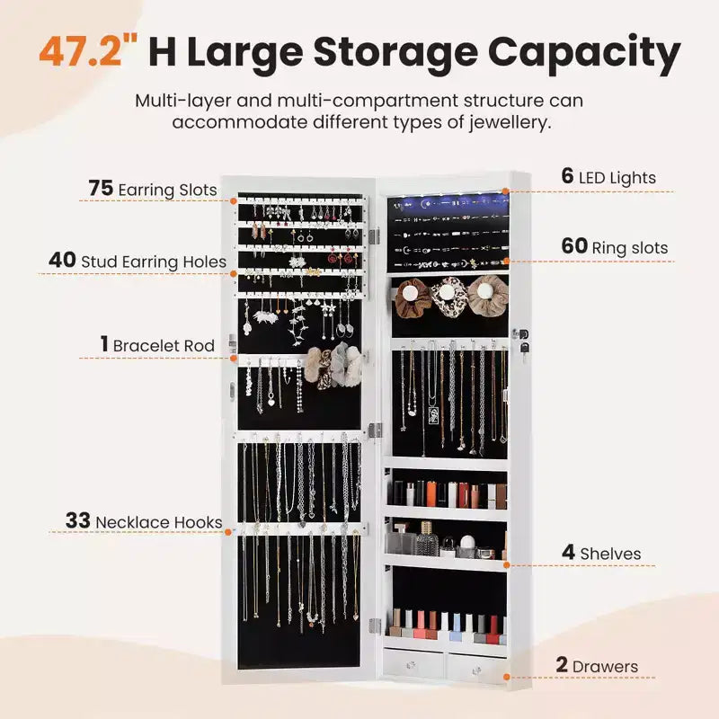 MAYEERTY 47.2in Armadio portagioie da parete grande capacità con 6 LED, appendibile alla porta, organizer con serratura e specchio integrato