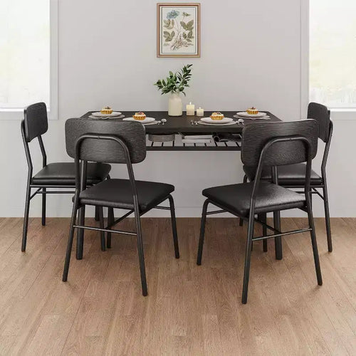 Set da 5 Pezzi per Sala da Pranzo per 4 Persone, Tavolo da Cucina in Legno con Scaffale Contenitore, 4 Sedie Imbottite, Set da Pranzo per Piccoli Spazi, Appartamento