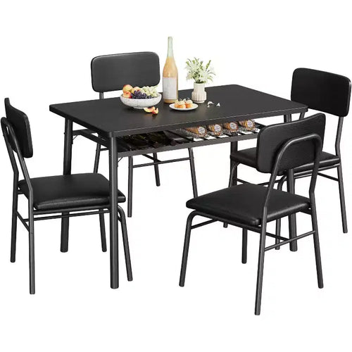 5-Piece Dining Table Set for 4, Wood Kitchen Table with Storage Rack, Upholstered Chairs of 4, Dining Room Set for Small Space, Apartment