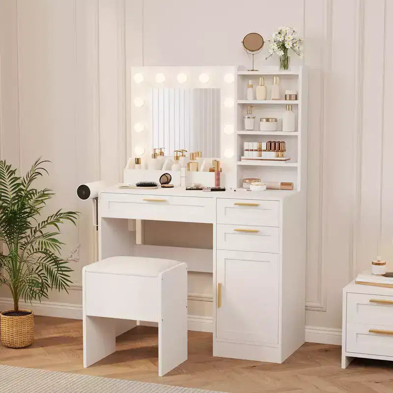 Vanity Desk with Mirror, Makeup Vanity Set with Chair, 3 Light Mode & Brightness Adjusted, Power Outlet, Bedroom Dressing Table with Hairdryer Holder