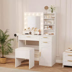 Vanity Desk with Mirror, Makeup Vanity Set with Chair, 3 Light Mode & Brightness Adjusted, Power Outlet, Bedroom Dressing Table with Hairdryer Holder