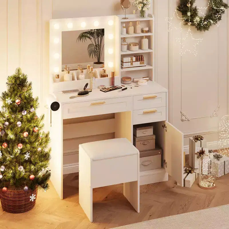Toeletta con specchio, set toeletta trucco con sedia, 3 modalità di illuminazione e luminosità regolabile, presa di corrente, tavolo da trucco da camera da letto con supporto per asciugacapelli