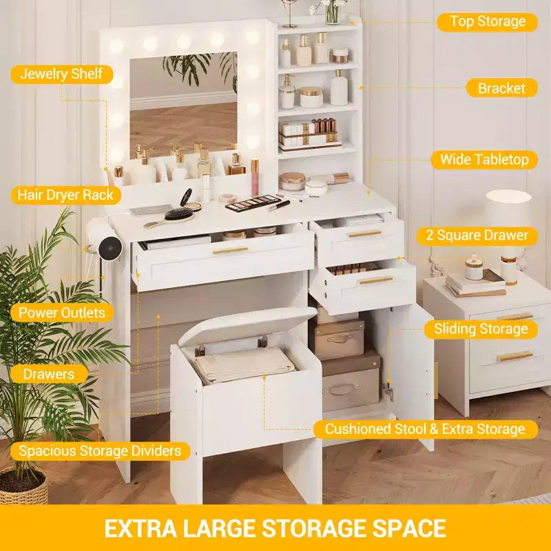 Toeletta con specchio, set toeletta trucco con sedia, 3 modalità di illuminazione e luminosità regolabile, presa di corrente, tavolo da trucco da camera da letto con supporto per asciugacapelli