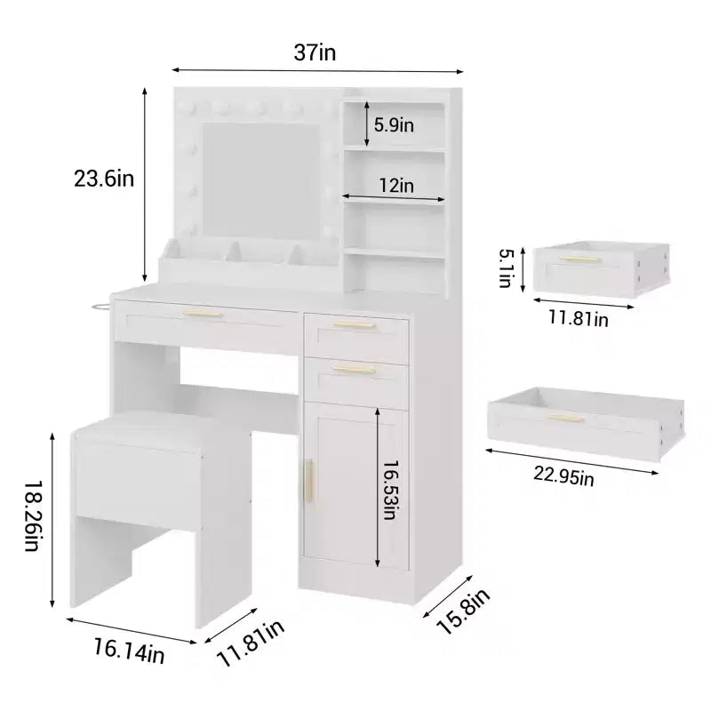 Toeletta con specchio, set toeletta trucco con sedia, 3 modalità di illuminazione e luminosità regolabile, presa di corrente, tavolo da trucco da camera da letto con supporto per asciugacapelli