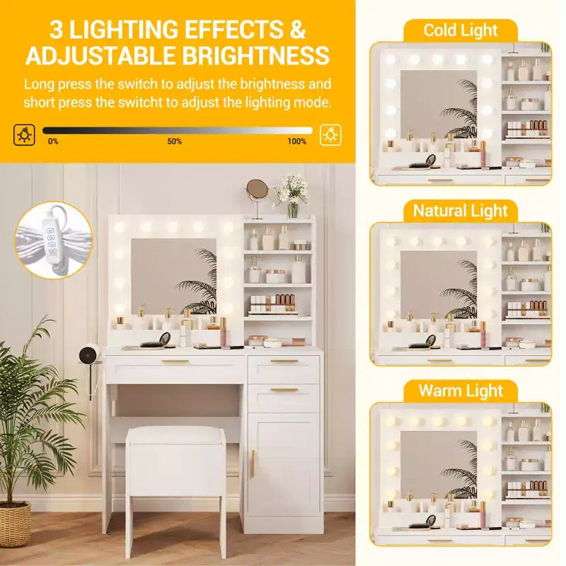 Toeletta con specchio, set toeletta trucco con sedia, 3 modalità di illuminazione e luminosità regolabile, presa di corrente, tavolo da trucco da camera da letto con supporto per asciugacapelli