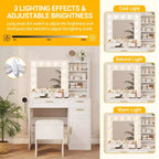Toeletta con specchio, set toeletta trucco con sedia, 3 modalità di illuminazione e luminosità regolabile, presa di corrente, tavolo da trucco da camera da letto con supporto per asciugacapelli