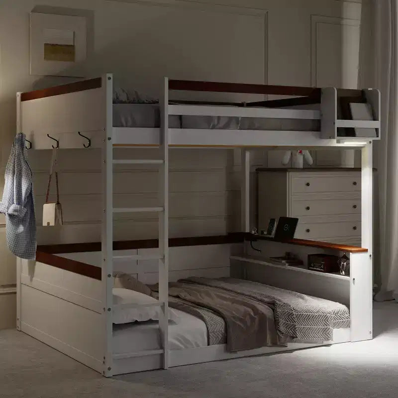Letto a castello in legno Whisen Queen Size con ripiani portaoggetti, cassettiera, luce LED e stazione di ricarica USB
