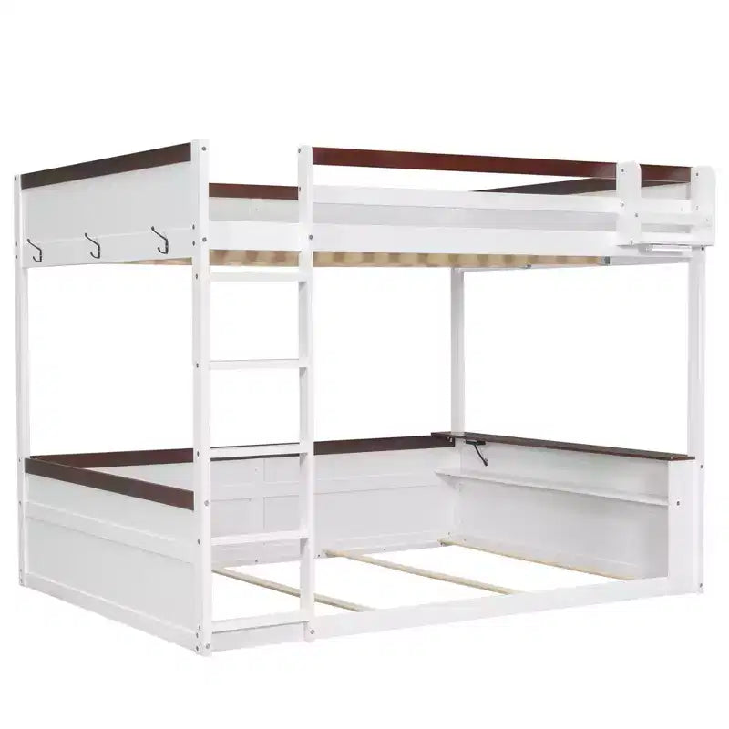 Letto a castello in legno Whisen Queen Size con ripiani portaoggetti, cassettiera, luce LED e stazione di ricarica USB