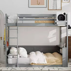 Letto a castello in legno Whisen Queen Size con ripiani portaoggetti, cassettiera, luce LED e stazione di ricarica USB