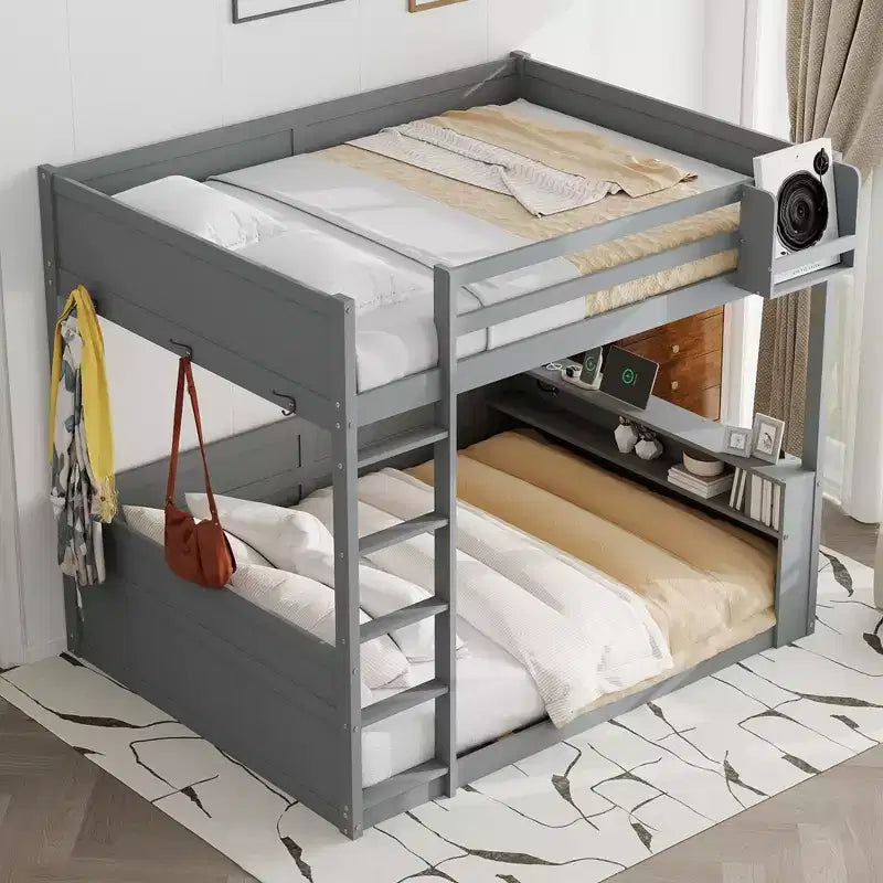 Letto a castello in legno Whisen Queen Size con ripiani portaoggetti, cassettiera, luce LED e stazione di ricarica USB