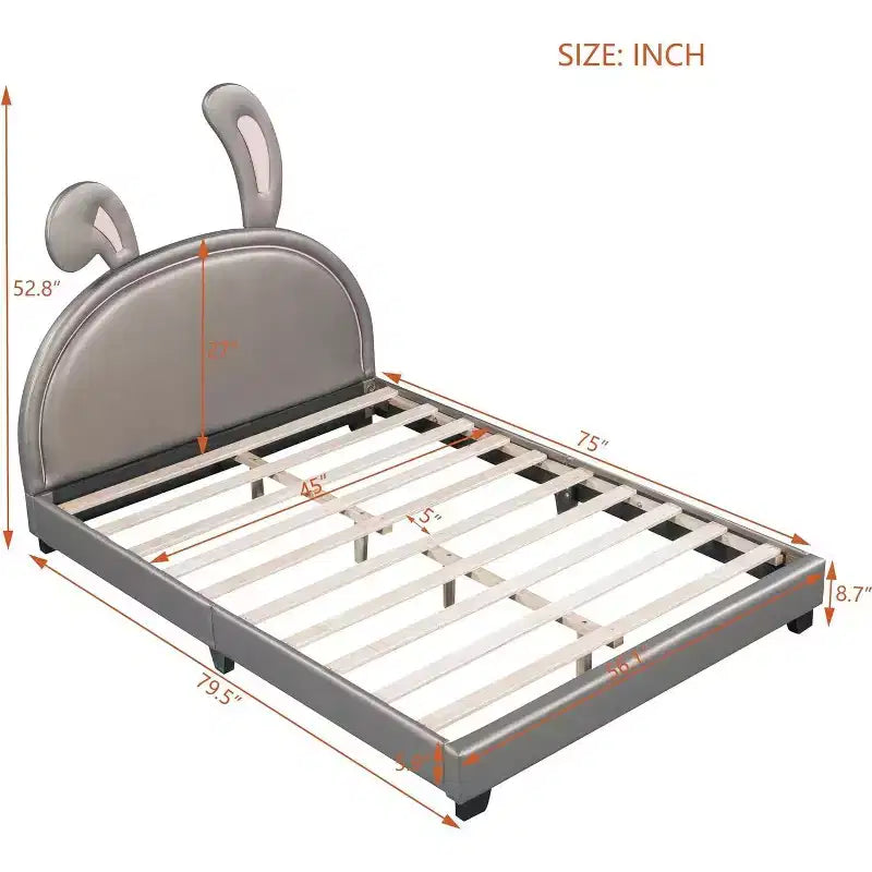 Acekool Letto a Piattaforma Imbottito Full Size con Testiera a Orecchie di Animale, Ornamento Coniglio per Bambini, Struttura Robusta, Nessuna Rete a Molle Necessaria, Grigio