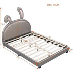 Acekool Letto a Piattaforma Imbottito Full Size con Testiera a Orecchie di Animale, Ornamento Coniglio per Bambini, Struttura Robusta, Nessuna Rete a Molle Necessaria, Grigio