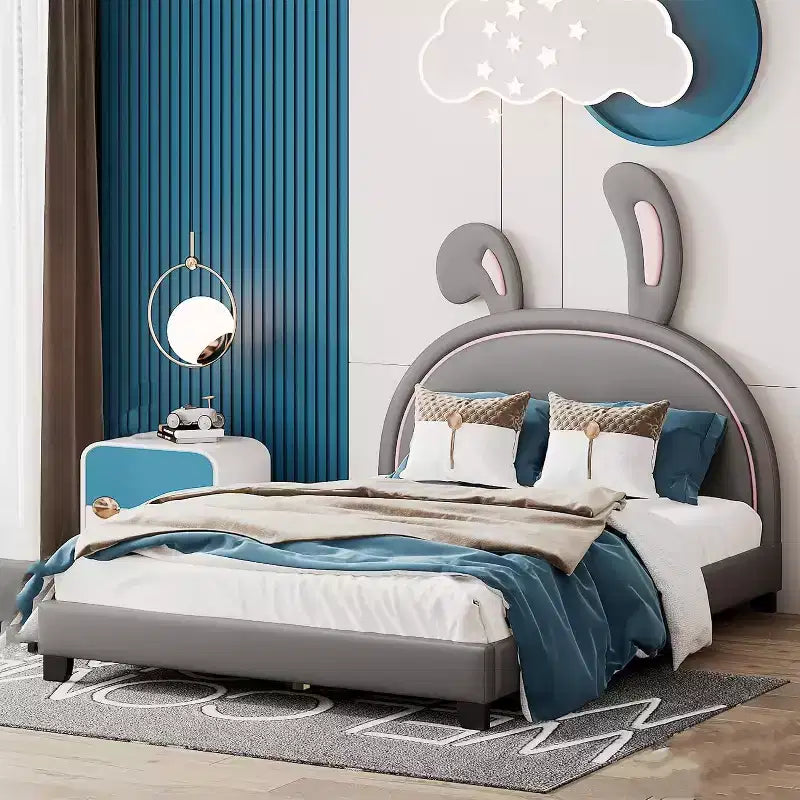 Acekool Letto a Piattaforma Imbottito Full Size con Testiera a Orecchie di Animale, Ornamento Coniglio per Bambini, Struttura Robusta, Nessuna Rete a Molle Necessaria, Grigio