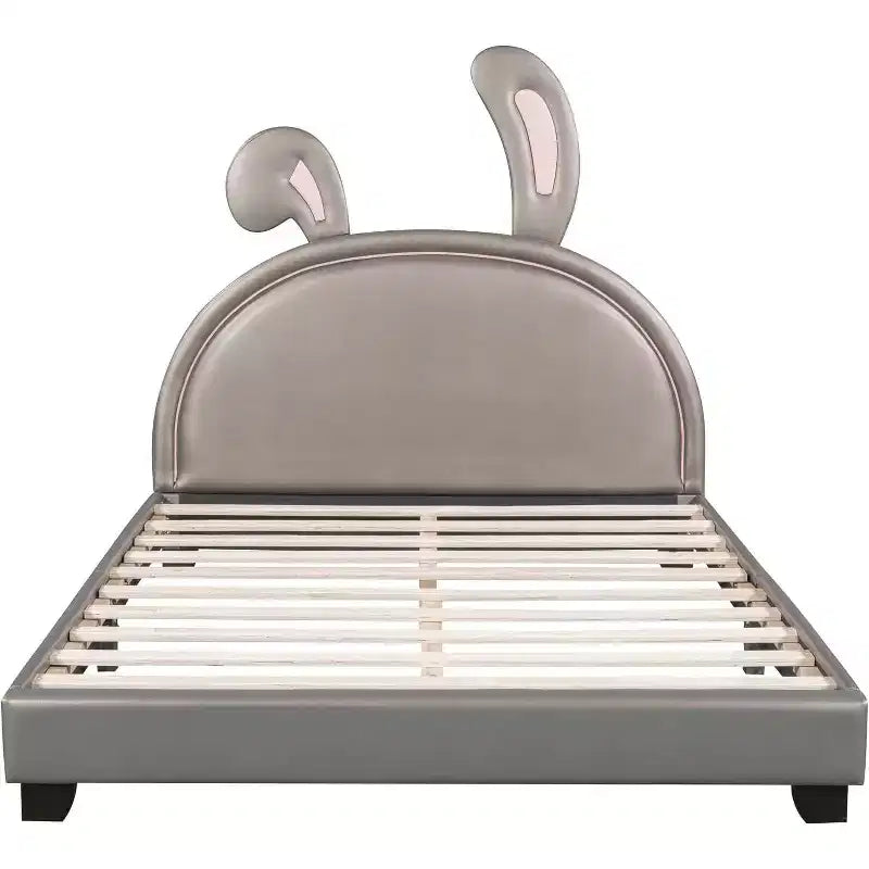 Acekool Letto a Piattaforma Imbottito Full Size con Testiera a Orecchie di Animale, Ornamento Coniglio per Bambini, Struttura Robusta, Nessuna Rete a Molle Necessaria, Grigio