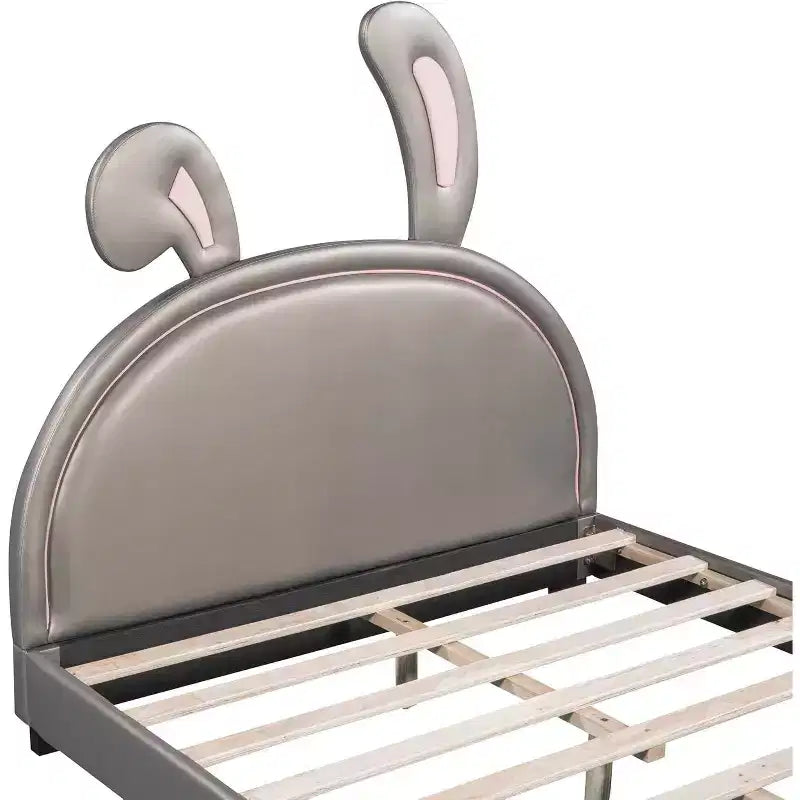 Acekool Letto a Piattaforma Imbottito Full Size con Testiera a Orecchie di Animale, Ornamento Coniglio per Bambini, Struttura Robusta, Nessuna Rete a Molle Necessaria, Grigio