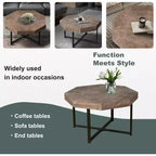 Tavolino CuisinSmart, Tavolino laterale in stile rustico con patchwork vintage, Tavolino esagonale in legno, Gambe incrociate in metallo per soggiorno, camera da letto, balcone