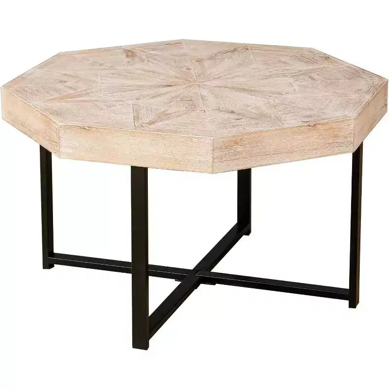 Tavolino CuisinSmart, Tavolino laterale in stile rustico con patchwork vintage, Tavolino esagonale in legno, Gambe incrociate in metallo per soggiorno, camera da letto, balcone