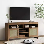 65 Inch Boho TV Stand with Rattan Doors - 58 Modern Wooden Media Console with Adjustable Shelves for Living Room