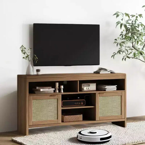 65 Inch Boho TV Stand with Rattan Doors - 58 Modern Wooden Media Console with Adjustable Shelves for Living Room