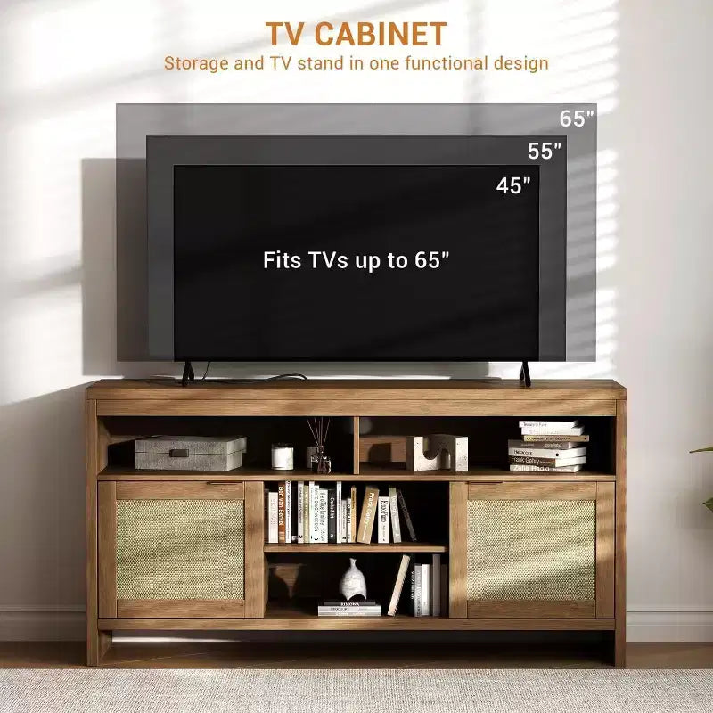 Meuble TV bohème de 65 pouces avec portes en rotin - Console média moderne en bois de 58 pouces avec étagères réglables pour salon