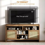 Meuble TV bohème de 65 pouces avec portes en rotin - Console média moderne en bois de 58 pouces avec étagères réglables pour salon