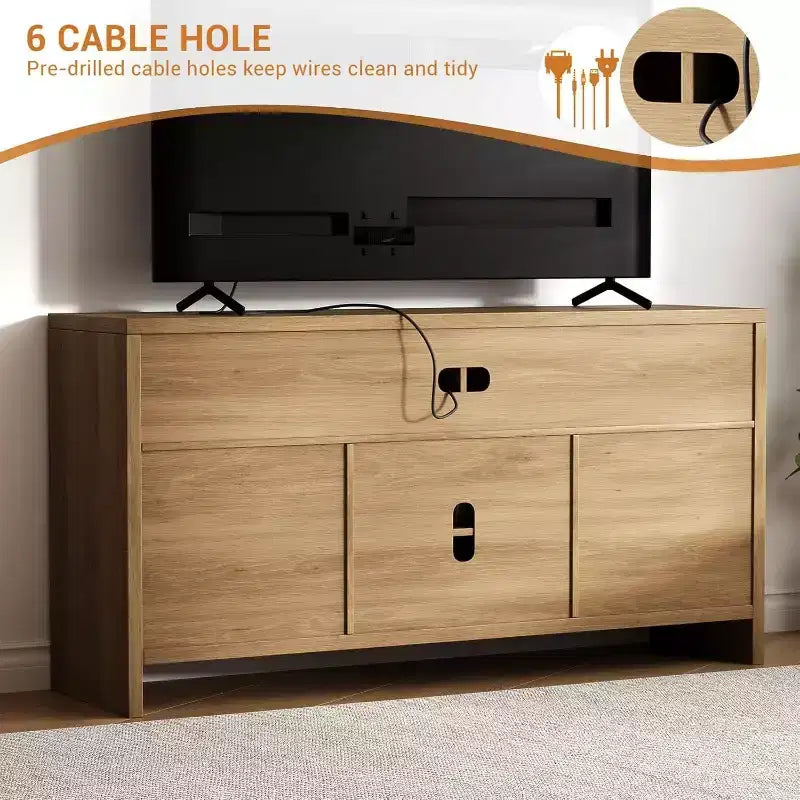 Meuble TV bohème de 65 pouces avec portes en rotin - Console média moderne en bois de 58 pouces avec étagères réglables pour salon
