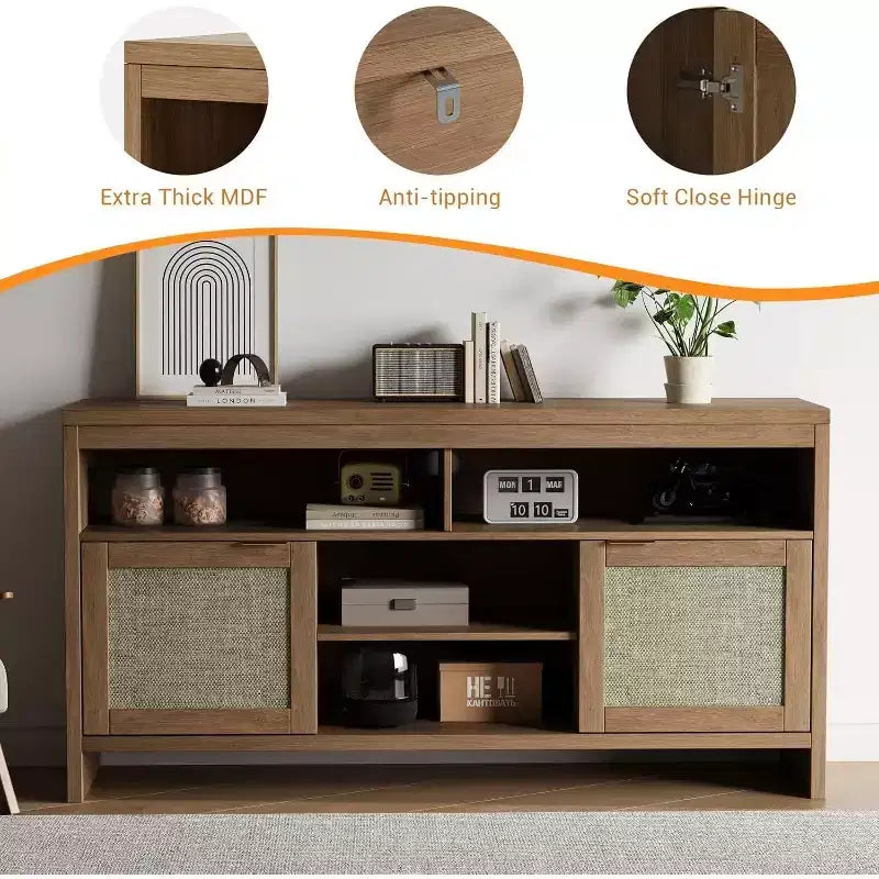 Meuble TV bohème de 65 pouces avec portes en rotin - Console média moderne en bois de 58 pouces avec étagères réglables pour salon