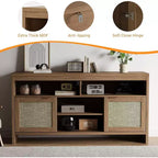 Meuble TV bohème de 65 pouces avec portes en rotin - Console média moderne en bois de 58 pouces avec étagères réglables pour salon