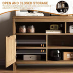 Meuble TV bohème de 65 pouces avec portes en rotin - Console média moderne en bois de 58 pouces avec étagères réglables pour salon