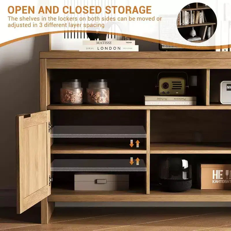 Meuble TV bohème de 65 pouces avec portes en rotin - Console média moderne en bois de 58 pouces avec étagères réglables pour salon
