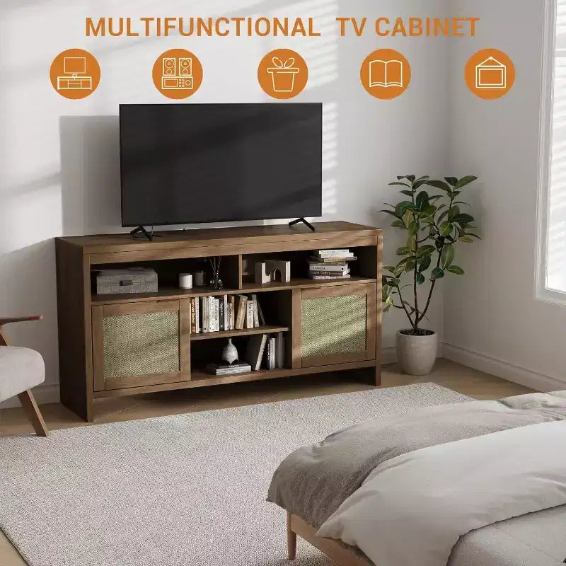 Meuble TV bohème de 65 pouces avec portes en rotin - Console média moderne en bois de 58 pouces avec étagères réglables pour salon