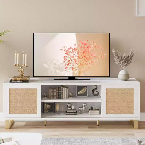 65 Inch Modern TV Stand with Rattan & Marble Finish - White & Gold Entertainment Center with Storage Doors & Shelves