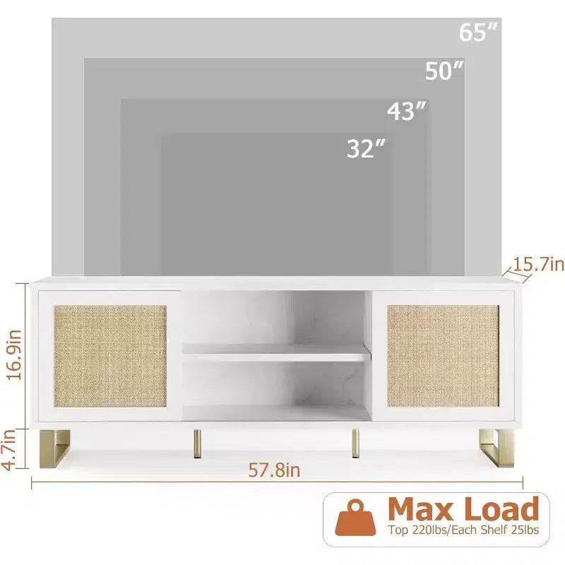 Meuble TV moderne de 165 cm avec finition en rotin et marbre - Meuble de divertissement blanc et doré avec portes de rangement et étagères