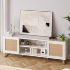 Meuble TV moderne de 165 cm avec finition en rotin et marbre - Meuble de divertissement blanc et doré avec portes de rangement et étagères