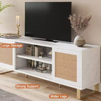 Meuble TV moderne de 165 cm avec finition en rotin et marbre - Meuble de divertissement blanc et doré avec portes de rangement et étagères