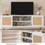 Meuble TV moderne de 165 cm avec finition en rotin et marbre - Meuble de divertissement blanc et doré avec portes de rangement et étagères