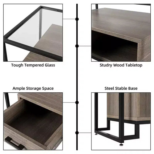 58 Armoire de cuisine à 5 niveaux avec portes vitrées et tiroir, support à micro-ondes et roulettes avec frein en bois