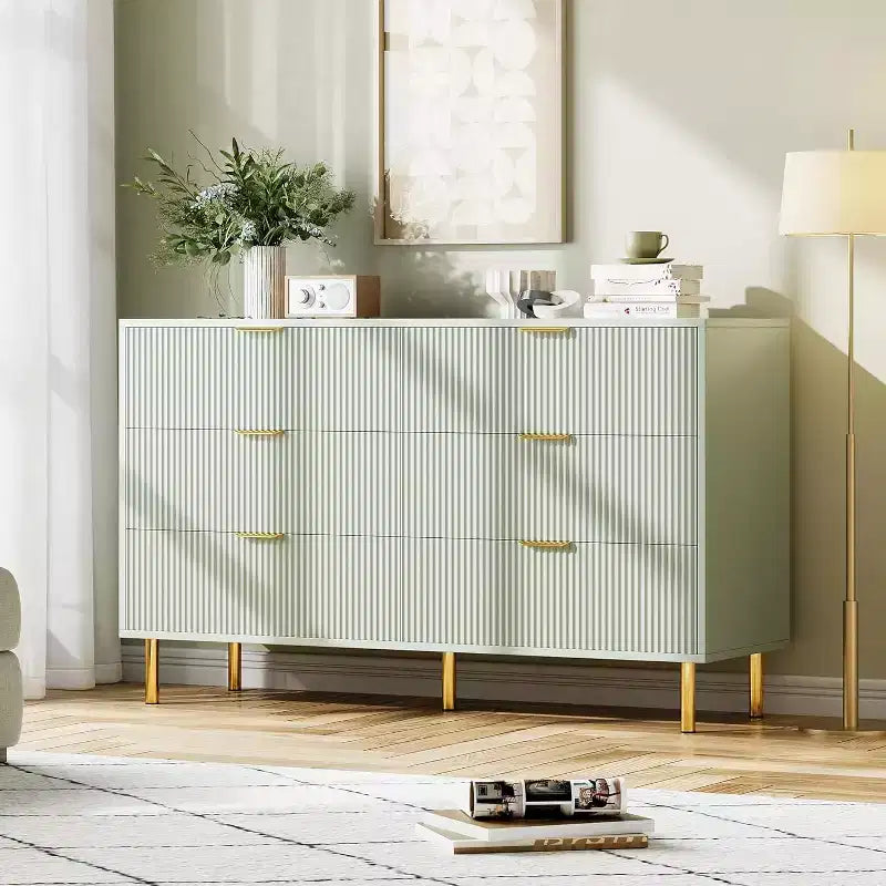 Comò moderno a 6 cassetti per camera da letto con maniglia dorata e cassetti grandi, doppio comò in legno e organizzatore di archiviazione per soggiorno