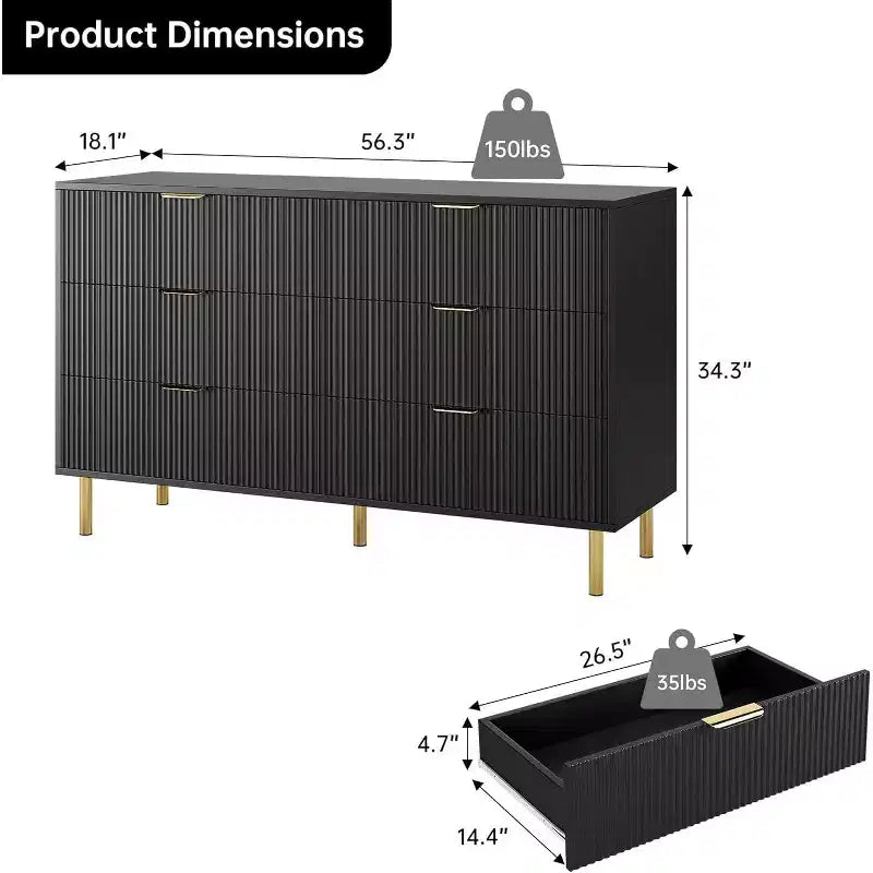 Comò moderno a 6 cassetti per camera da letto con maniglia dorata e cassetti grandi, doppio comò in legno e organizzatore di archiviazione per soggiorno
