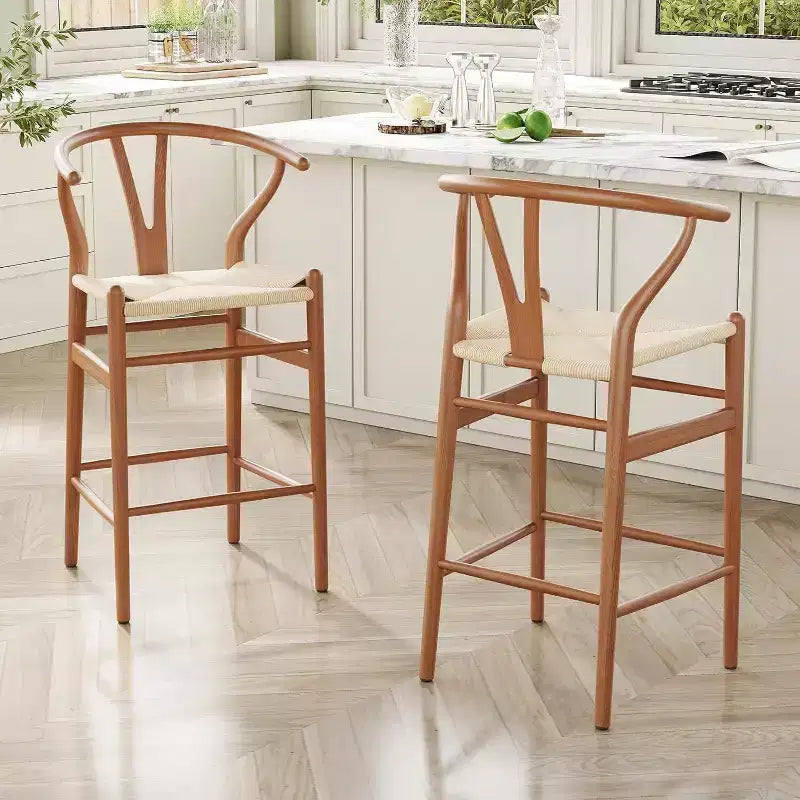 PexFix Sgabello Sedia da Bar Wishbone Completamente Assemblato, Sgabello da Bar a Contatore in Tessuto per Isola Cucina, Noce