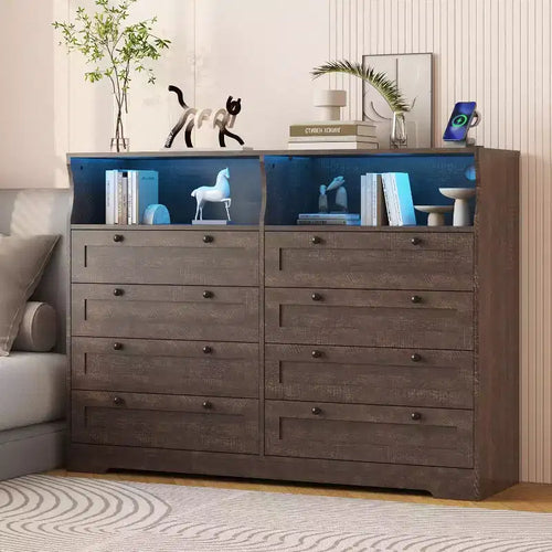 55 Inch Tall Wooden Bedroom Dressers with Power Outlet and Led Lights, Large Modern 8 Drawers Dressers for Living Room, Hallway