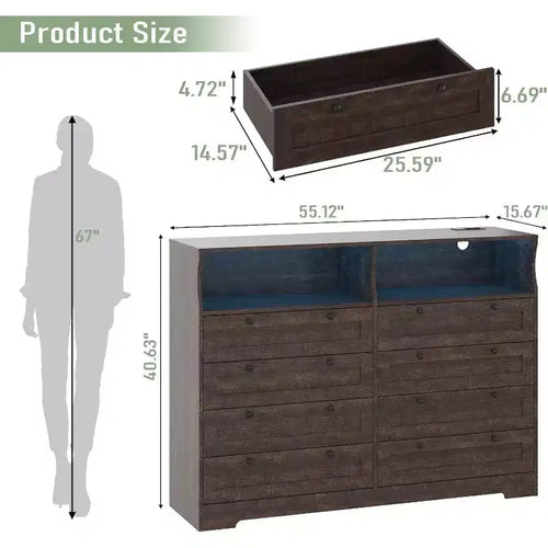 Grandes commodes de chambre en bois de 140 cm de haut avec prise de courant et lumières LED, grandes commodes modernes à 8 tiroirs pour salon, couloir